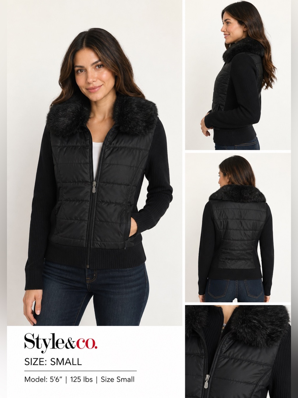⤵️    Style & Co Black Puffer Jacket w/ Faux Fur Collar S